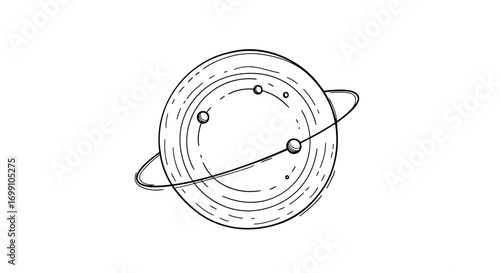 Elegant Hand Drawn Planet with Rings and Three Moons