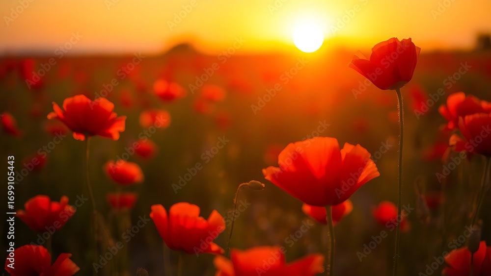 Fototapeta premium A serene sunset field filled with vibrant red poppies, bathed in warm golden light.