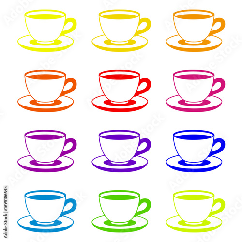 A collection of colorful coffee and tea cups, perfect for beverage designs.