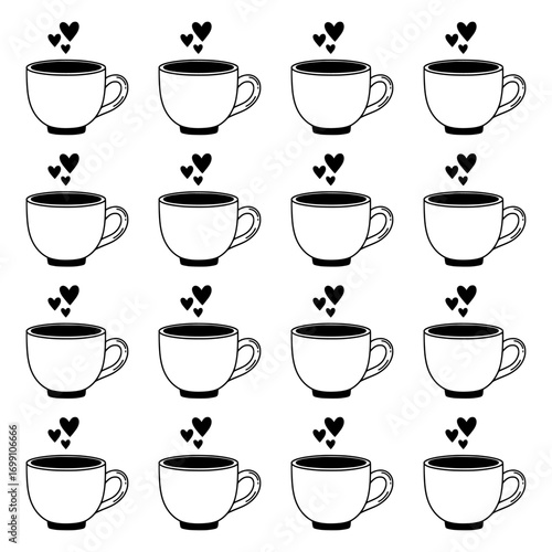A minimalist seamless pattern of coffee cups and floating hearts in black. Perfect for backgrounds, textiles, or designs that require a touch of warmth and love.