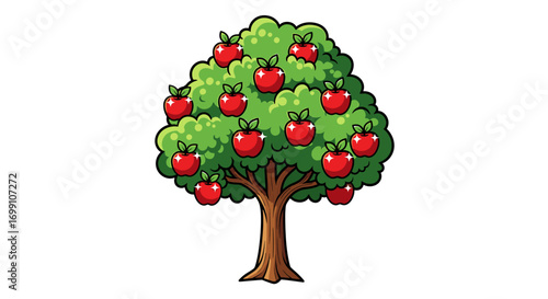 Lush Apple Tree Overflowing with Ripe Red Fruit Illustration