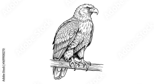 Detailed Eagle Illustration Perched on Branch with Intricate Feather Details