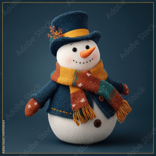 Cheerful snowman dressed in colorful scarf and hat stands against a dark background during the winter holiday season
