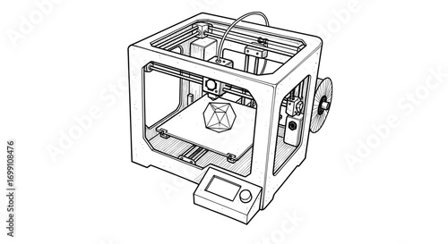 3D printer creating geometric shape with technical drawing illustration style