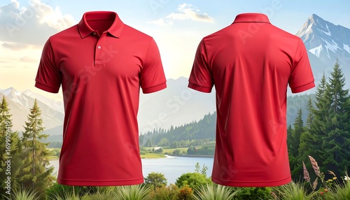 Red polo shirt mockup against a nature background