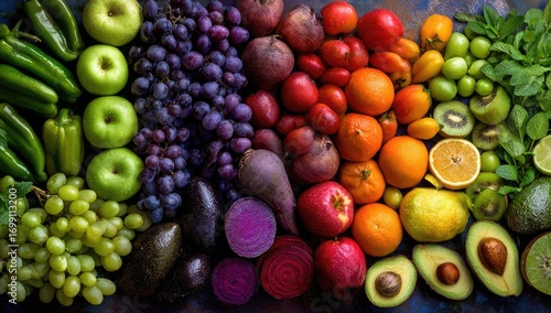 Fototapeta Naklejka Na Ścianę i Meble -  Vibrant array of fresh fruits and vegetables in rainbow colors, showcasing a wide variety of produce