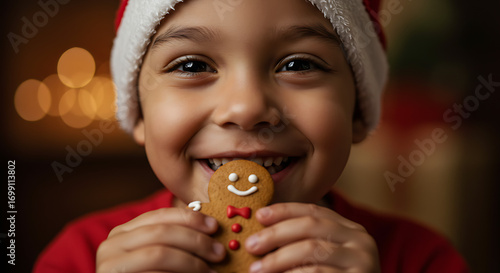Child happily eating gingerbread man.