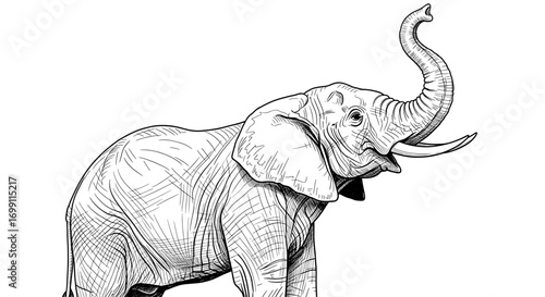 Majestic elephant illustration in black and white with detailed lines.