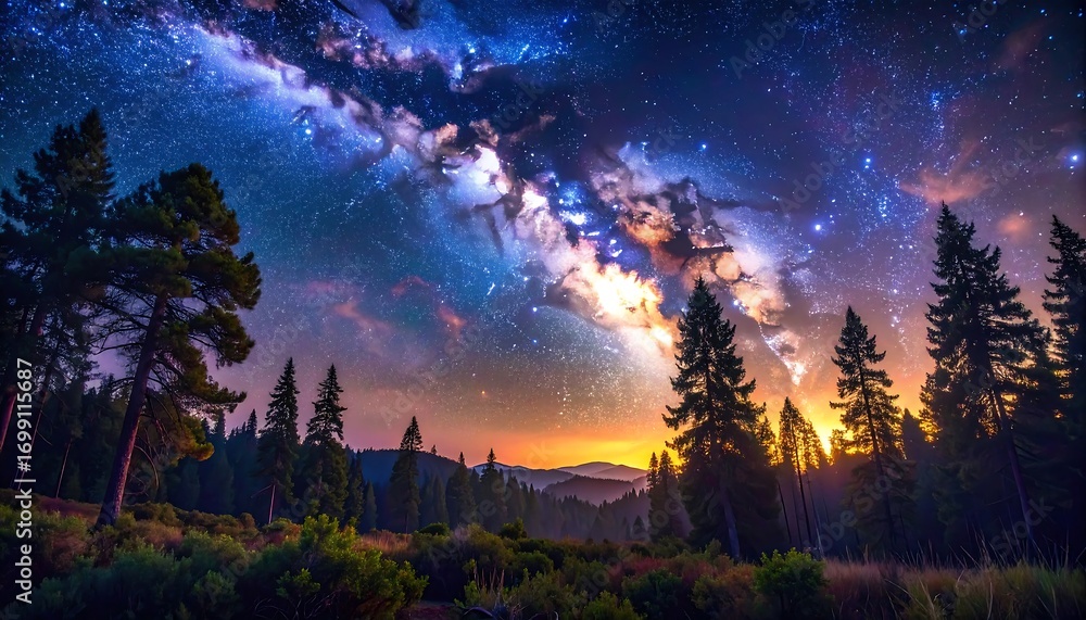 Fototapeta premium A breathtaking vista of a forest at sunset, bathed in the vibrant hues of the Milky Way and speckled with countless stars.