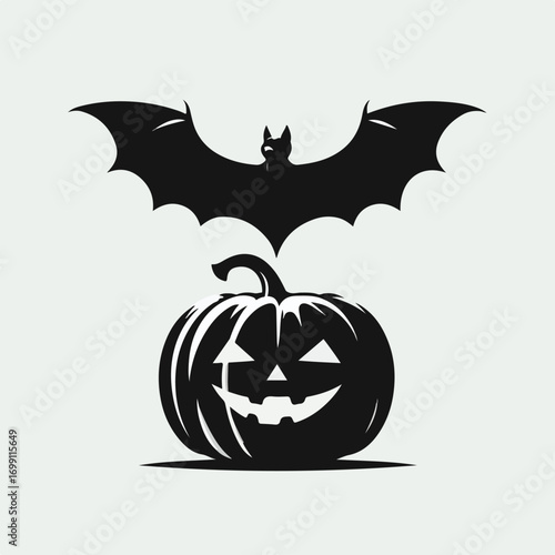 Silhouette of a bat flying above a Halloween pumpkin with a simple and minimalist flat design using a white background.