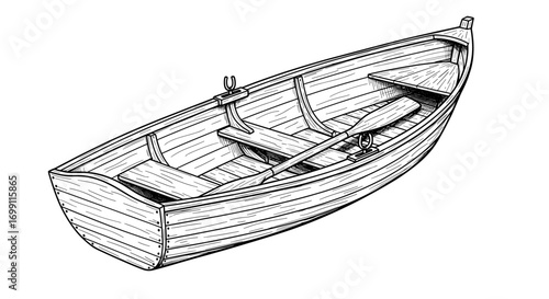 Detailed Pen and Ink Drawing of a Classic Wooden Rowboat