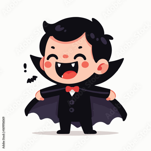 A small child wearing a vampire costume with a simple and minimalist flat design using a white background.
