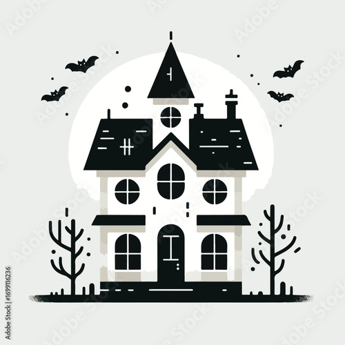 haunted house with a simple and minimalist flat design using a white background