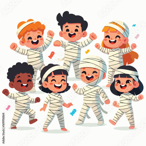 Children wearing mummy costumes with white bandages with a simple and minimalist flat design using a white background