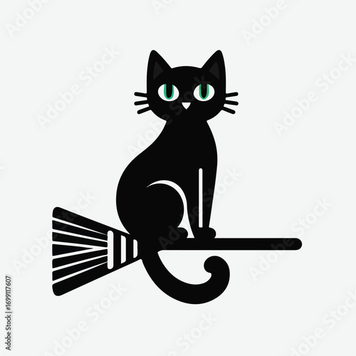 Black cat sitting on a broom with a simple and minimalist flat design using a white background