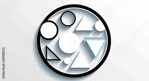 Abstract geometric design with overlapping circles and triangles casting shadows on a textured
