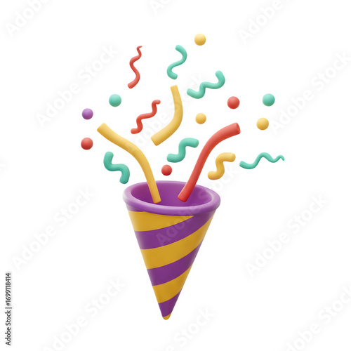 3D Party Popper Icon for celebration, fun events, festive occasions, joy, happiness and colorful parties, Transparent Background