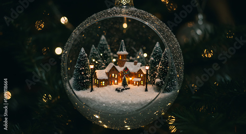 Magical Winter Scene Inside a Clear Christmas Ornament.
