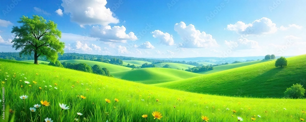 Fototapeta premium Serene rolling hills of lush green pasture, dotted with wildflowers under a clear blue sky Perfect for idyllic, rural, or agricultural themes , meadow, environment, landscape