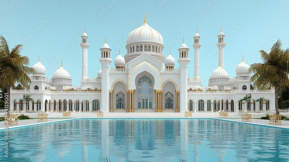 Fototapeta premium Grand White Mosque with Gold Accents Reflected in Turquoise Pool