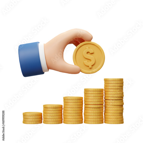 3D Coin Growth Icon for finance, investment, savings, wealth accumulation, financial success and prosperity, Transparent Background
