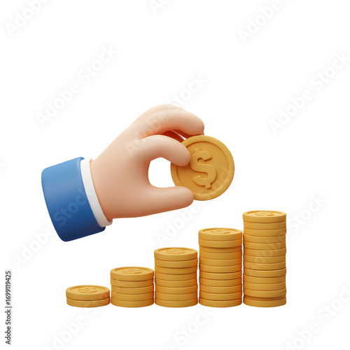 3D Coin Growth Icon for finance, investment, savings, wealth accumulation, financial success and prosperity, Transparent Background