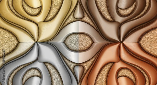 Abstract metallic ornamental pattern with gold, silver, bronze, and copper textures in a symmetrical