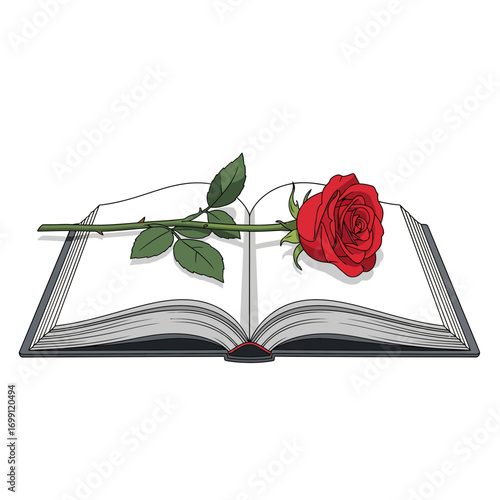 An elegant red rose lies across the open pages of a book, a beautiful and poignant symbol of love, passion, literature, and remembrance