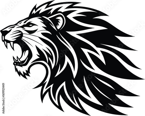 Fierce lion roaring with a detailed mane in a bold black and white vector illustration design element