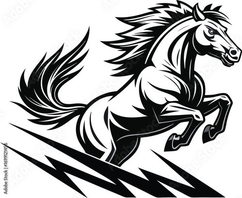 Majestic mustang rearing up powerfully in a dynamic black and white illustration of wild strength and freedom