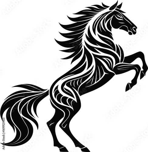 Majestic black stallion rearing up with flowing mane and tail in a dynamic tribal tattoo style design