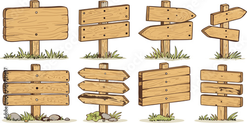 Collection of rustic wooden signboards and direction arrows for outdoor signage and wayfinding design elements