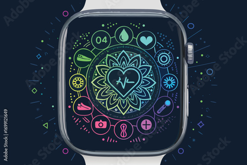 Smartwatch displaying health and wellness tracking apps in a colorful mandala design on a dark background