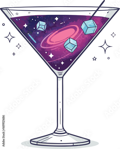 Cosmic cocktail illustration with galaxy ice cubes and a purple nebula swirling in a martini glass