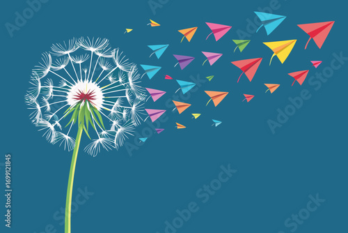 Dandelion seeds transforming into colorful paper airplanes against a vibrant blue background illustration
