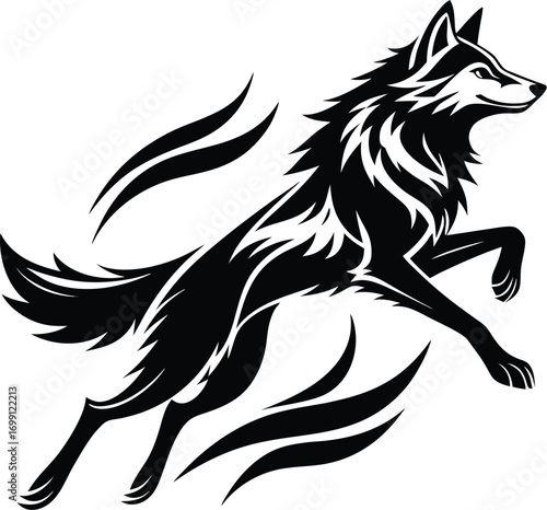 Striking black and white illustration of a wolf leaping forward with power and grace in a dynamic design
