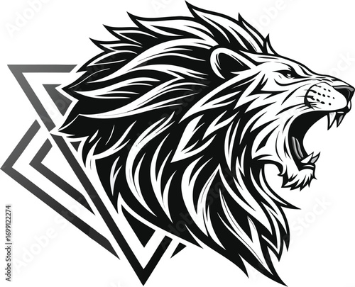 Roaring lion head with geometric shapes in black and white creating a powerful and modern emblem design