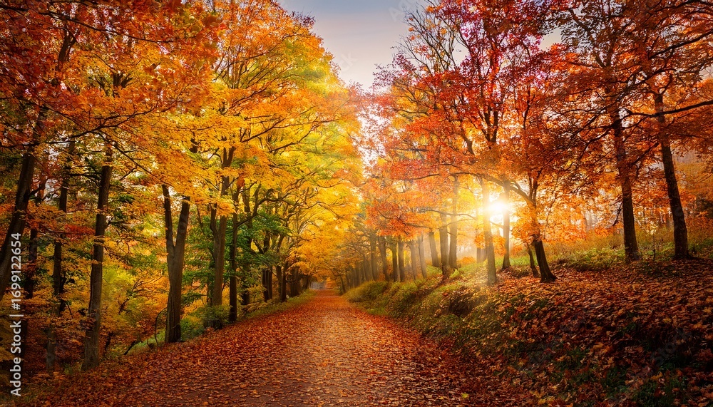 Naklejka premium serene autumn pathway surrounded by vibrant fall foliage and sunlight filtering through trees