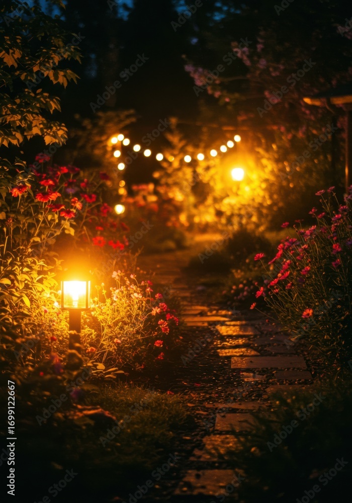 Fototapeta premium Romantic Garden Path at Night with Warm Lights