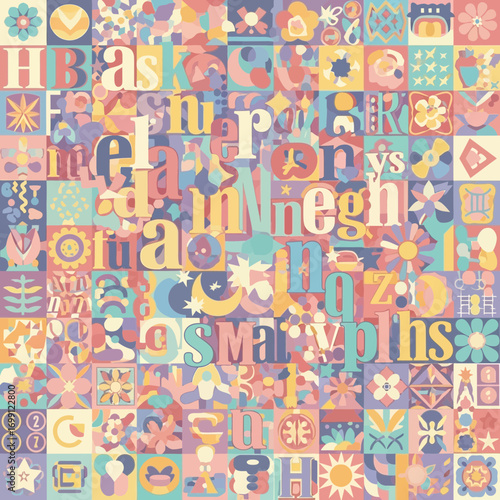 Colorful Abstract Grid Pattern Featuring a Whimsical Mix of Uppercase and Lowercase Letters with Decorative Shapes