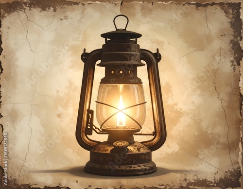Old oil lantern illuminated against aged paper backdrop high resolution Image