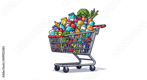 Cartoon shopping cart overflowing with grocery items on a white background