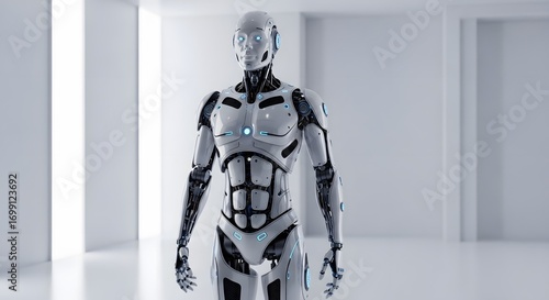 Humanoid Robot Standing in Room with White Background