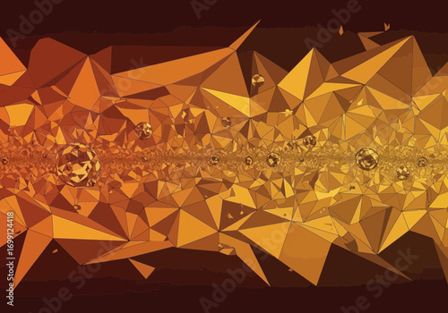 Dynamic Low Poly Abstract Background with Warm Gradient Orange Facets and Shimmering Spheres