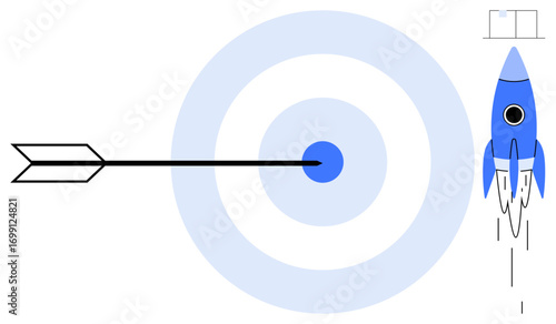 Rocket launching toward success with an arrow perfectly hitting the target center, conveying precision and goal focus. Ideal for business growth, achievement, strategy, teamwork, innovation