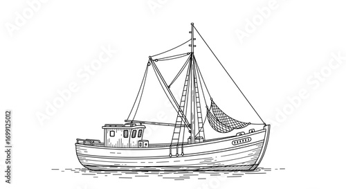 Fishing Boat Illustration, Monochrome Graphic Style Isolated on White