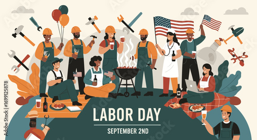 Joyful Labor Day Gathering of Diverse Workers, Celebrating with a Barbecue, Tools, and American Flags, Symbolizing Unity