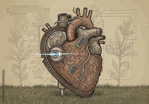 Mechanical Heart with Futuristic Circuitry and Glowing Eye, Symbolizing Biotech and Advanced