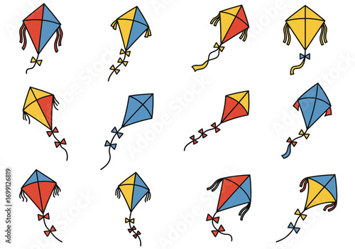 Array of 12 kites colors vary tails differ displayed on a white backdrop