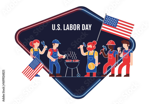 U.S. Labor Day Celebration with Diverse Workers and Barbecue Representing American Workforce Dedication and Unity